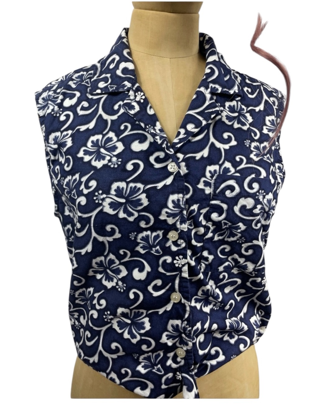 Y2K JTG Hawaiian Top Blue LG  Floral Button Sleeveless Tie 90s Summer Hibiscus